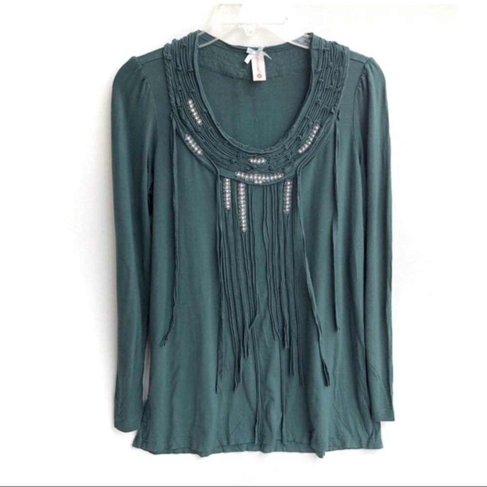 DownEast Beaded Fringe Boho Top Green Embellished Long Sleeve Small